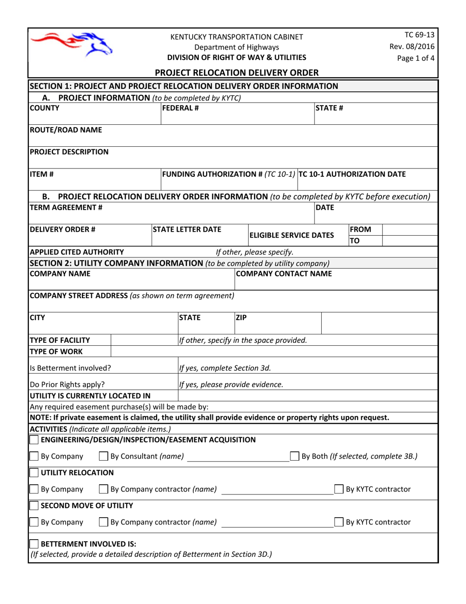 Form TC69-13 Project Relocation Delivery Order - Kentucky, Page 1