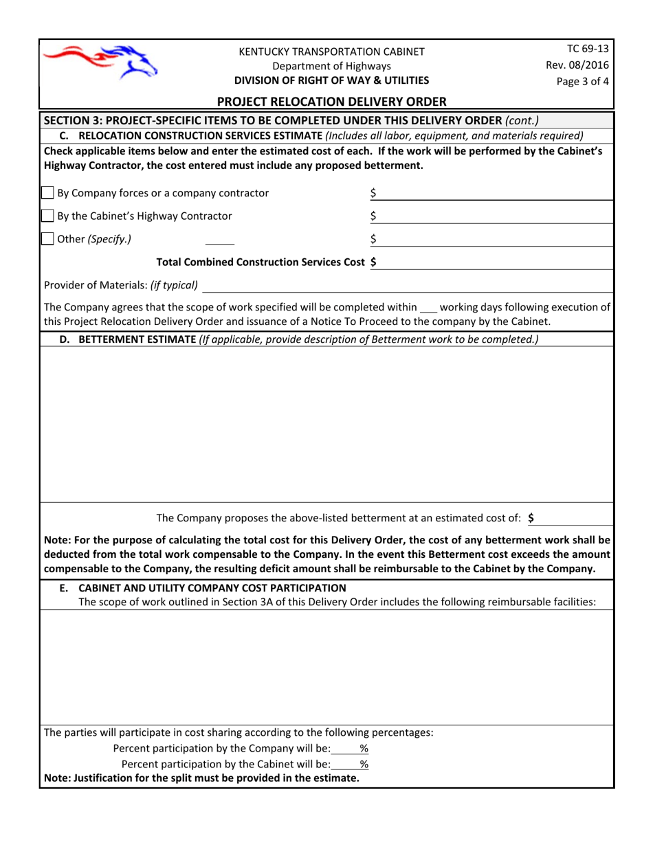 Form TC69-13 Project Relocation Delivery Order - Kentucky, Page 3