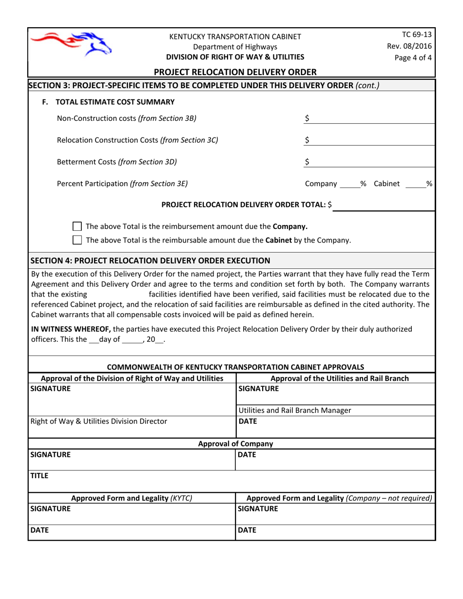 Form TC69-13 Project Relocation Delivery Order - Kentucky, Page 4