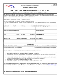 Form TC94-29 &quot;Legacy Application for Renewal or Duplicate License by Mail (Military Personnel and Military Dependents Only)&quot; - Kentucky