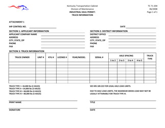 Document preview: Form TC71-204 Attachment 1 Industrial Haul Permit: Truck Information - Kentucky