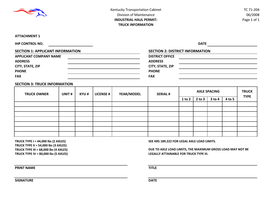 Form TC71-204 Attachment 1 Industrial Haul Permit: Truck Information - Kentucky, Page 1