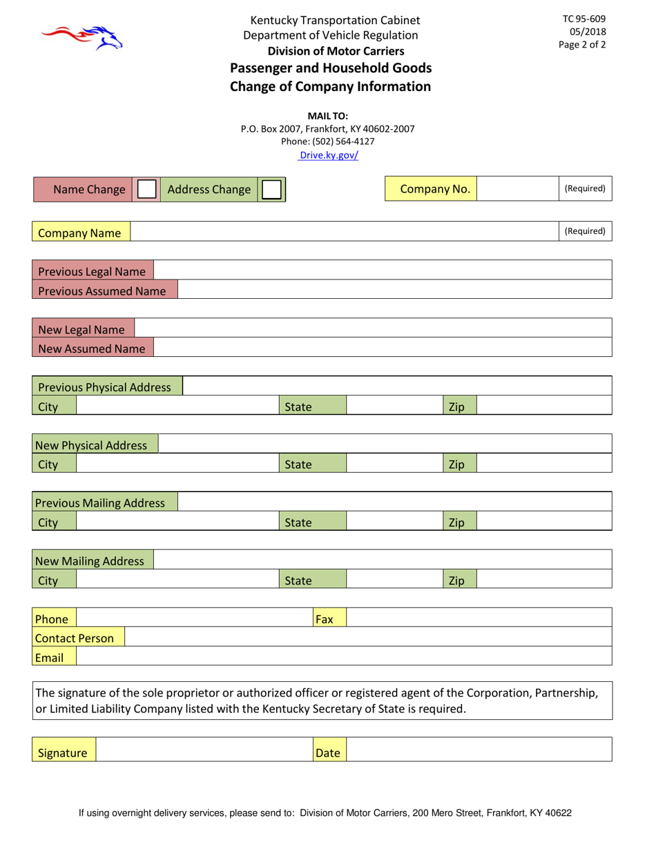 Form TC95-609 Passenger and Household Goods Change of Company Information - Kentucky, Page 2