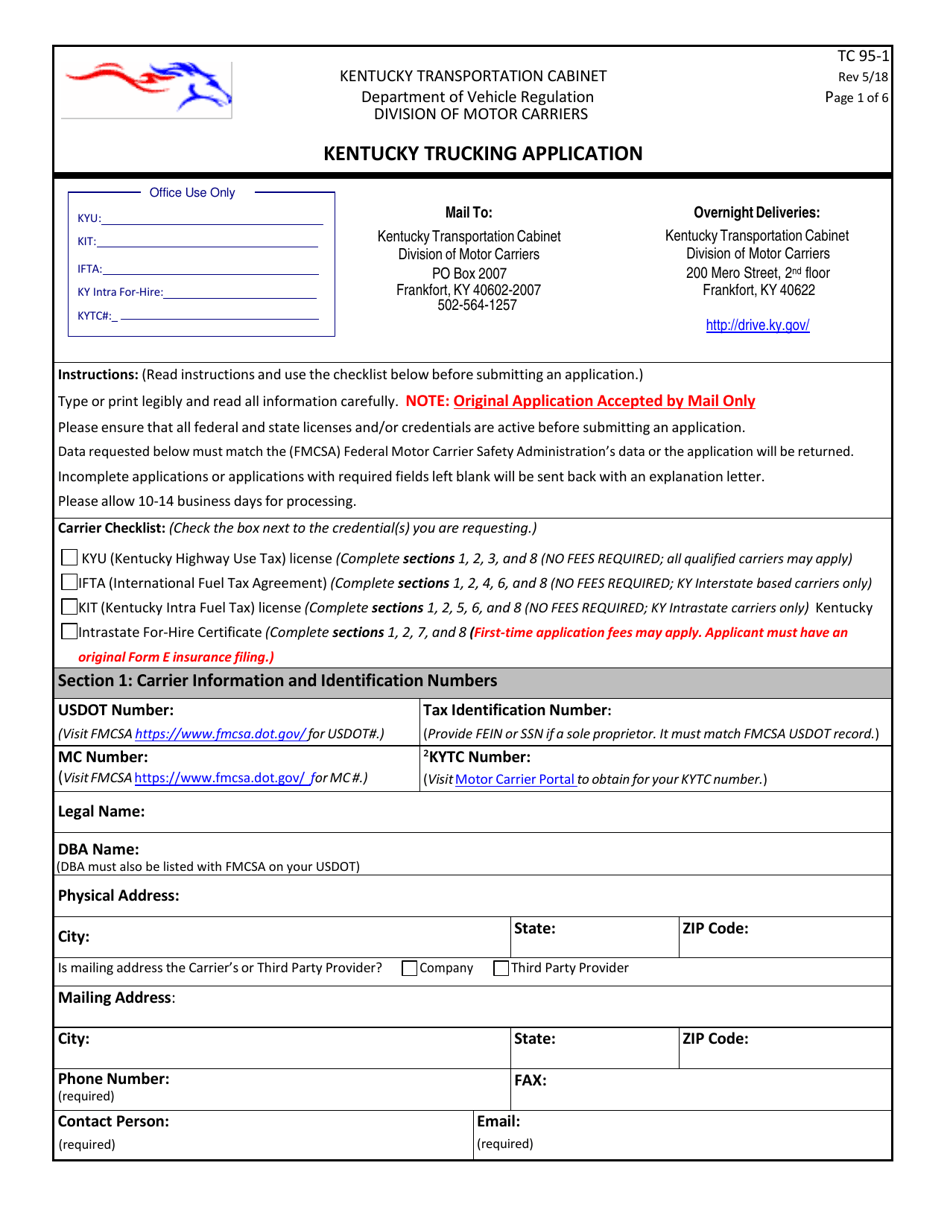 Form TC95-1 Kentucky Trucking Application - Kentucky, Page 1