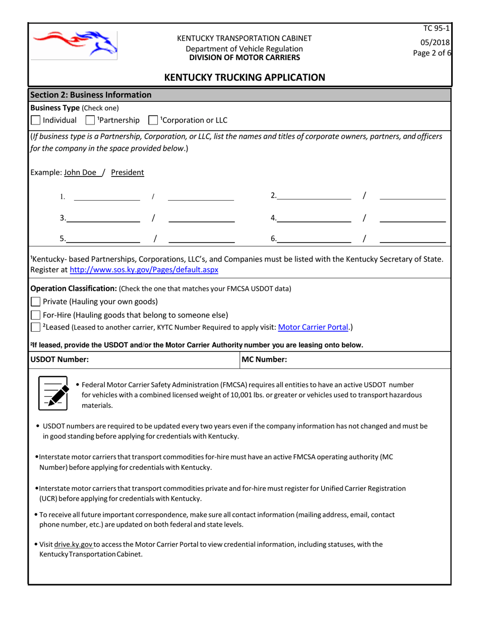 Form TC95-1 Kentucky Trucking Application - Kentucky, Page 2