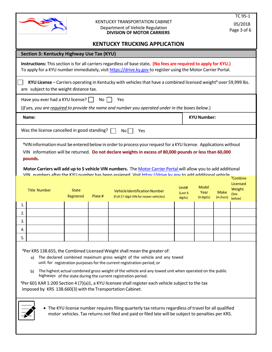 Form TC95-1 Kentucky Trucking Application - Kentucky, Page 3