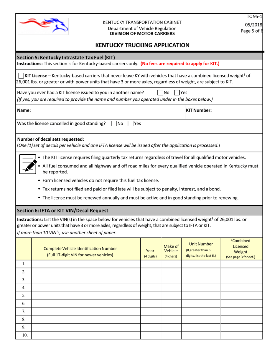 Form TC95-1 Kentucky Trucking Application - Kentucky, Page 5