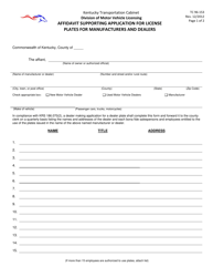 Form TC96-153 Affidavit Supporting Application for License Plates for Manufacturers and Dealers - Kentucky