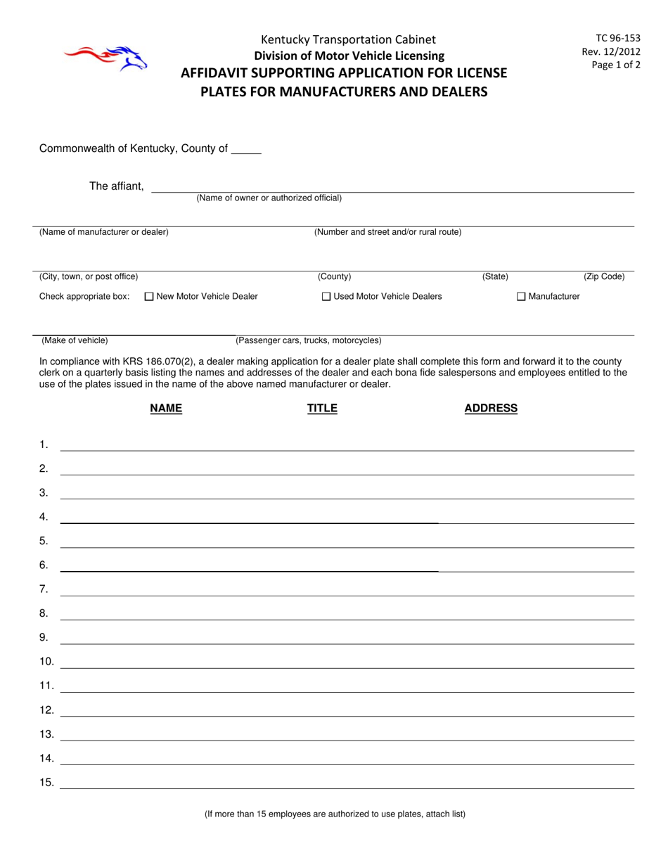 Form TC96-153 Affidavit Supporting Application for License Plates for Manufacturers and Dealers - Kentucky, Page 1