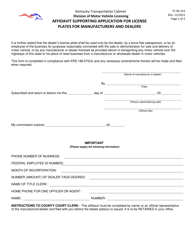 Form TC96-153 Affidavit Supporting Application for License Plates for Manufacturers and Dealers - Kentucky, Page 2