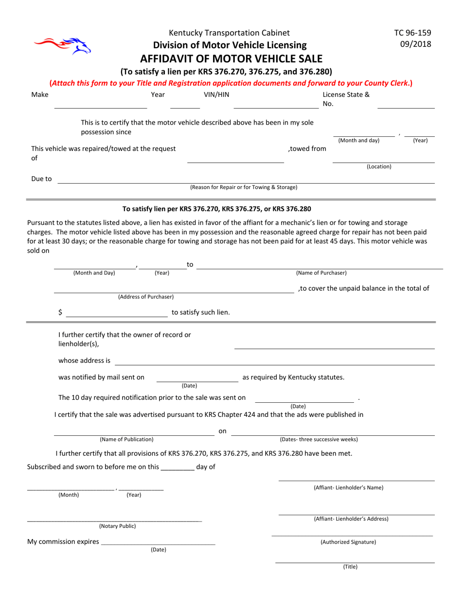 Form TC96-159 Affidavit of Motor Vehicle Sale - Kentucky, Page 1