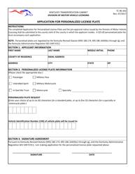 Document preview: Form TC96-342 Application for Personalized License Plate - Kentucky
