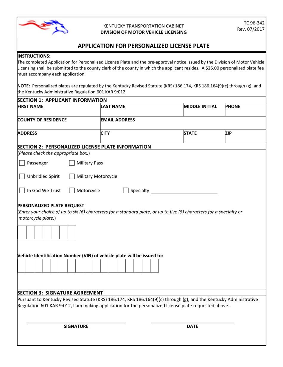 Form TC96-342 Application for Personalized License Plate - Kentucky, Page 1