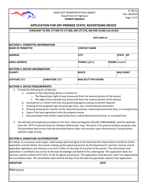 Form TC99-31 Application for off-Premise Static Advertising Device - Kentucky