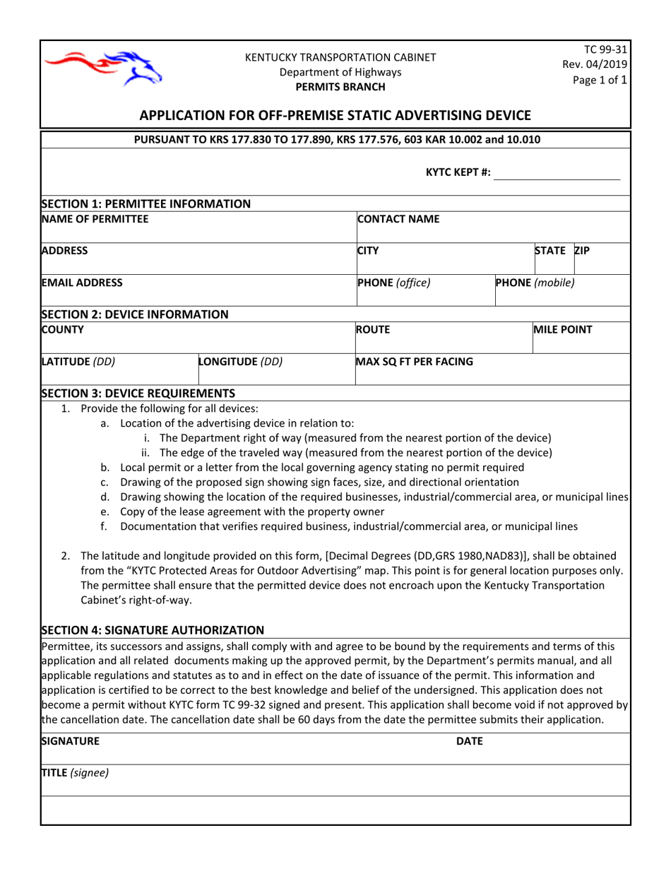 Form TC99-31 Application for off-Premise Static Advertising Device - Kentucky, Page 1