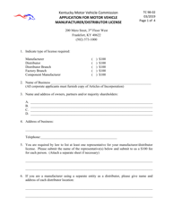Document preview: Form TC98-02 Application for Motor Vehicle Manufacturer/Distributor License - Kentucky