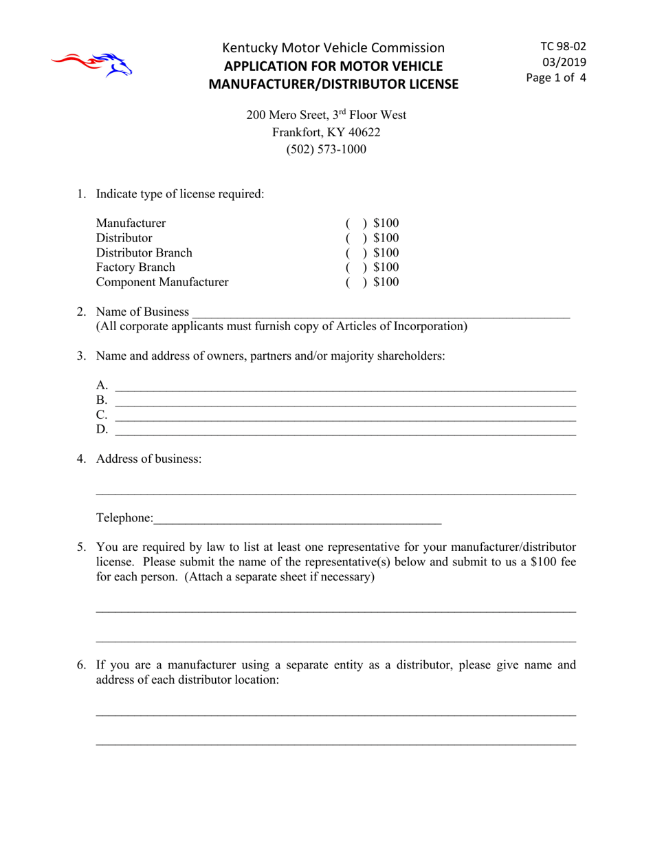 Form TC98-02 Application for Motor Vehicle Manufacturer/Distributor License - Kentucky, Page 1