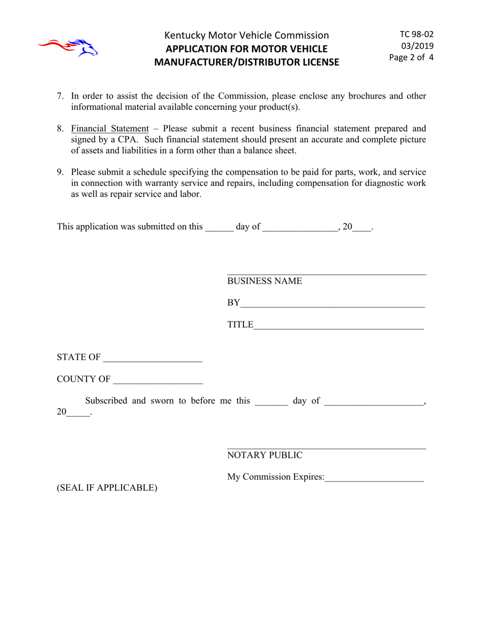 Form TC98-02 Application for Motor Vehicle Manufacturer / Distributor License - Kentucky, Page 2