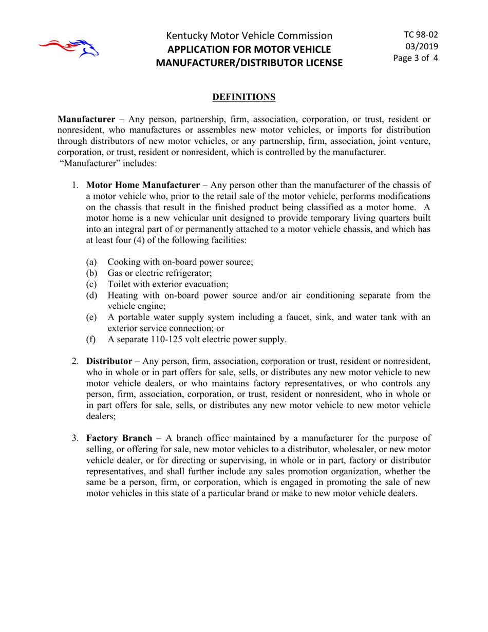 Form TC98-02 Application for Motor Vehicle Manufacturer / Distributor License - Kentucky, Page 3
