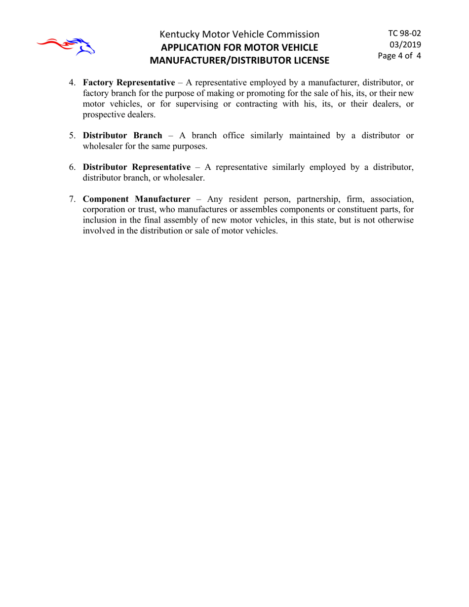 Form TC98-02 Application for Motor Vehicle Manufacturer / Distributor License - Kentucky, Page 4
