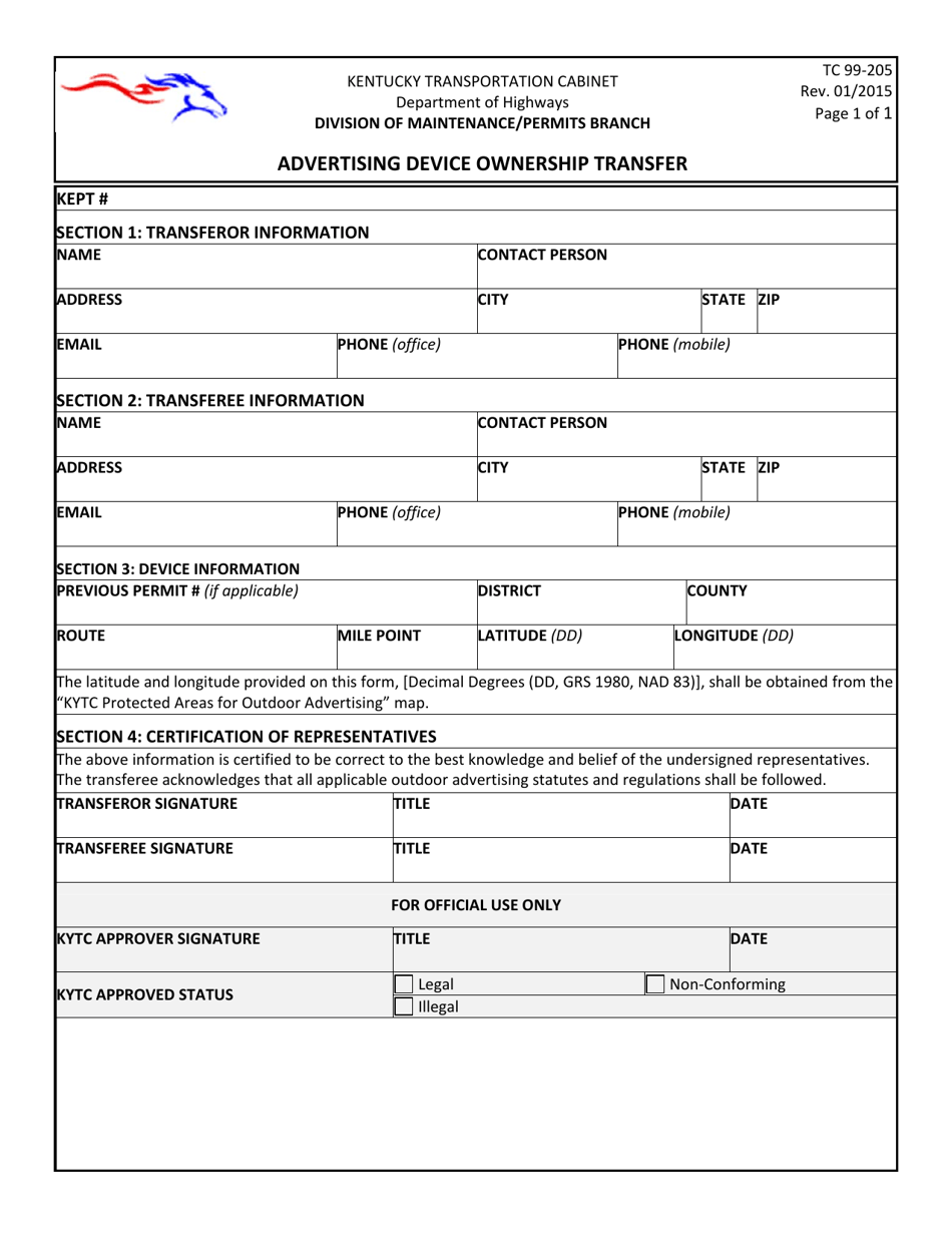 Form TC99-205 Advertising Device Ownership Transfer - Kentucky, Page 1
