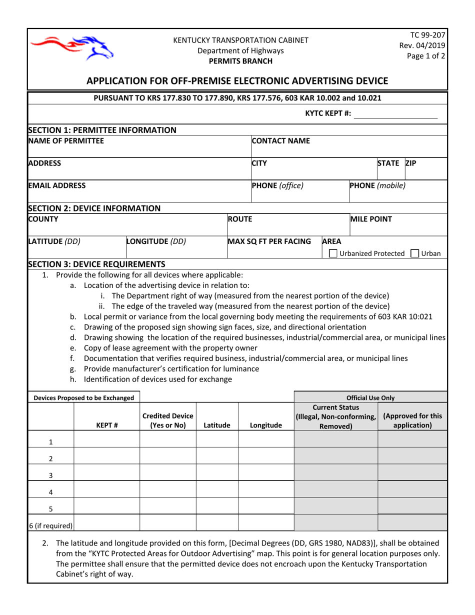 Form TC99-207 Application for off-Premise Electronic Advertising Device - Kentucky, Page 1