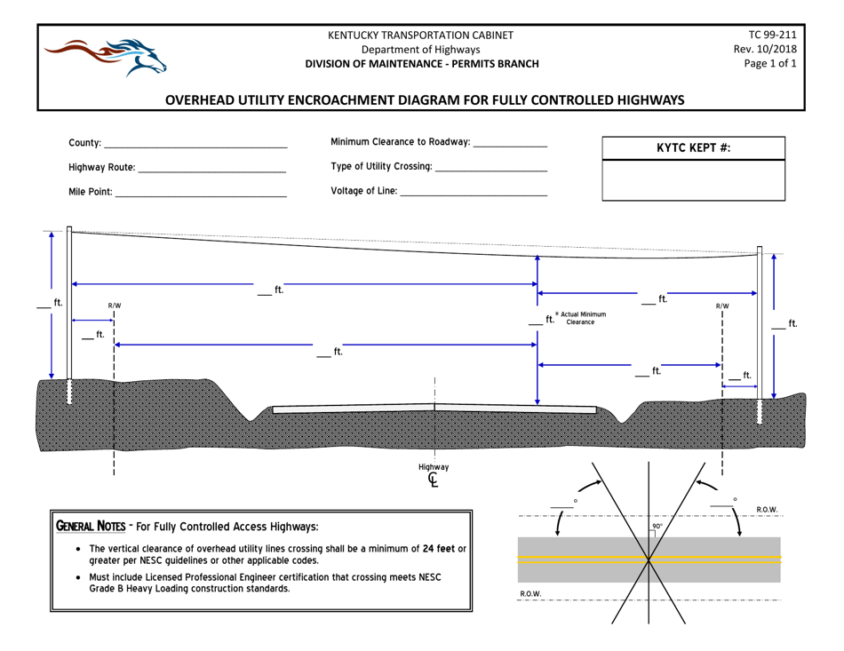 Form TC99-211 Overhead Utility Encroachment Diagram for Fully Controlled Highways - Kentucky, Page 1