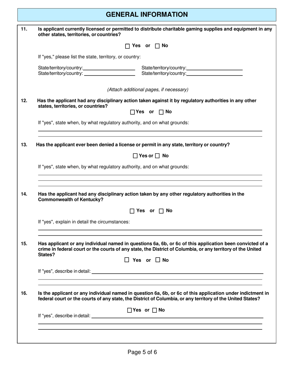 Form CG-2 Distributor License Application - Kentucky, Page 5