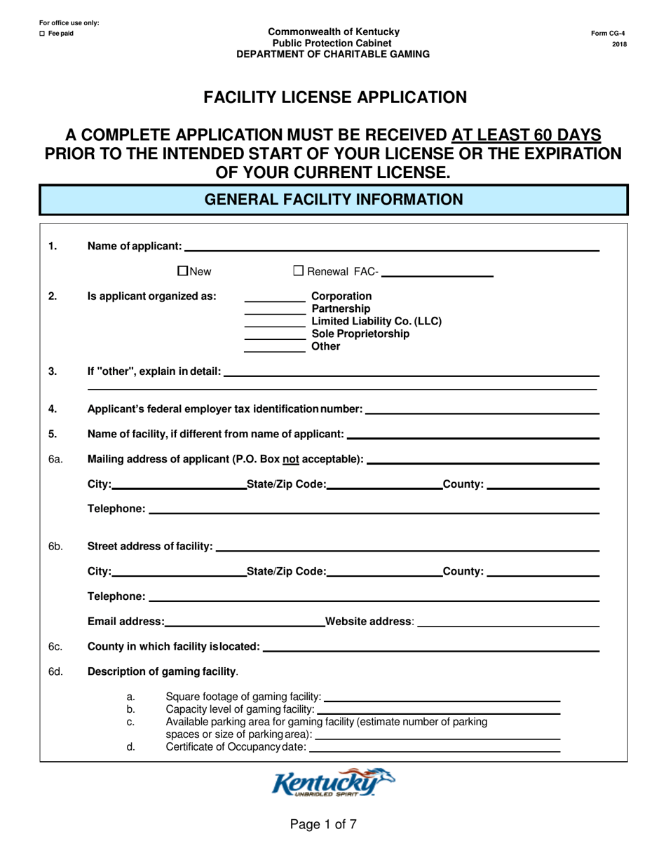 Form CG-4 Facility License Application - Kentucky, Page 1