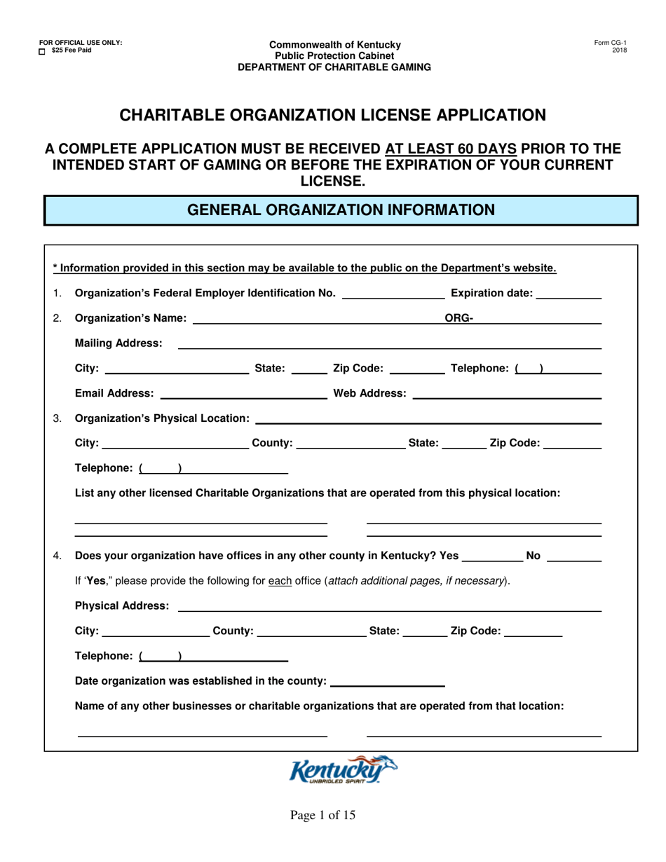 Form CG-1 Charitable Organization License Application - Kentucky, Page 1