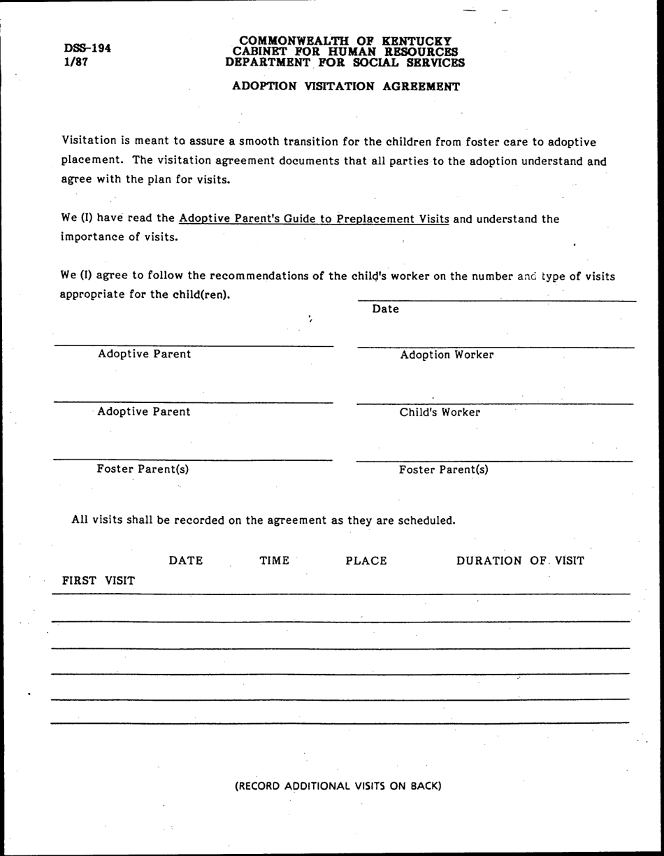 Form DSS-194 Adoption Visitation Agreement - Kentucky, Page 1