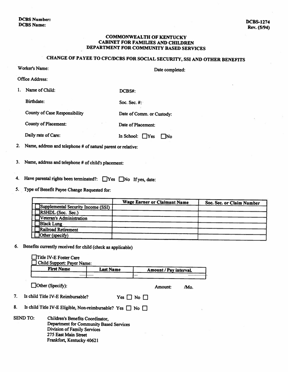 Form DCBS-1274 Change of Payee to Cfc / Dcbs for Social Security, Ssi and Other Benefits - Kentucky, Page 1