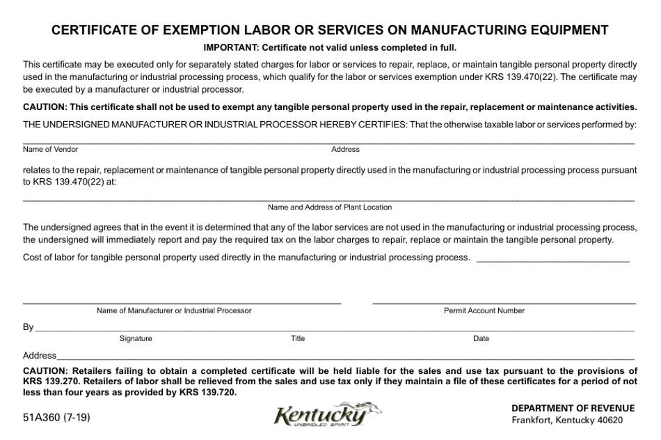 Form 51A360 Certificate of Exemption Labor or Services on Manufacturing Equipment - Kentucky, Page 1