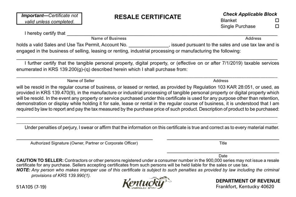Form 51A105 Resale Certificate - Kentucky, Page 1