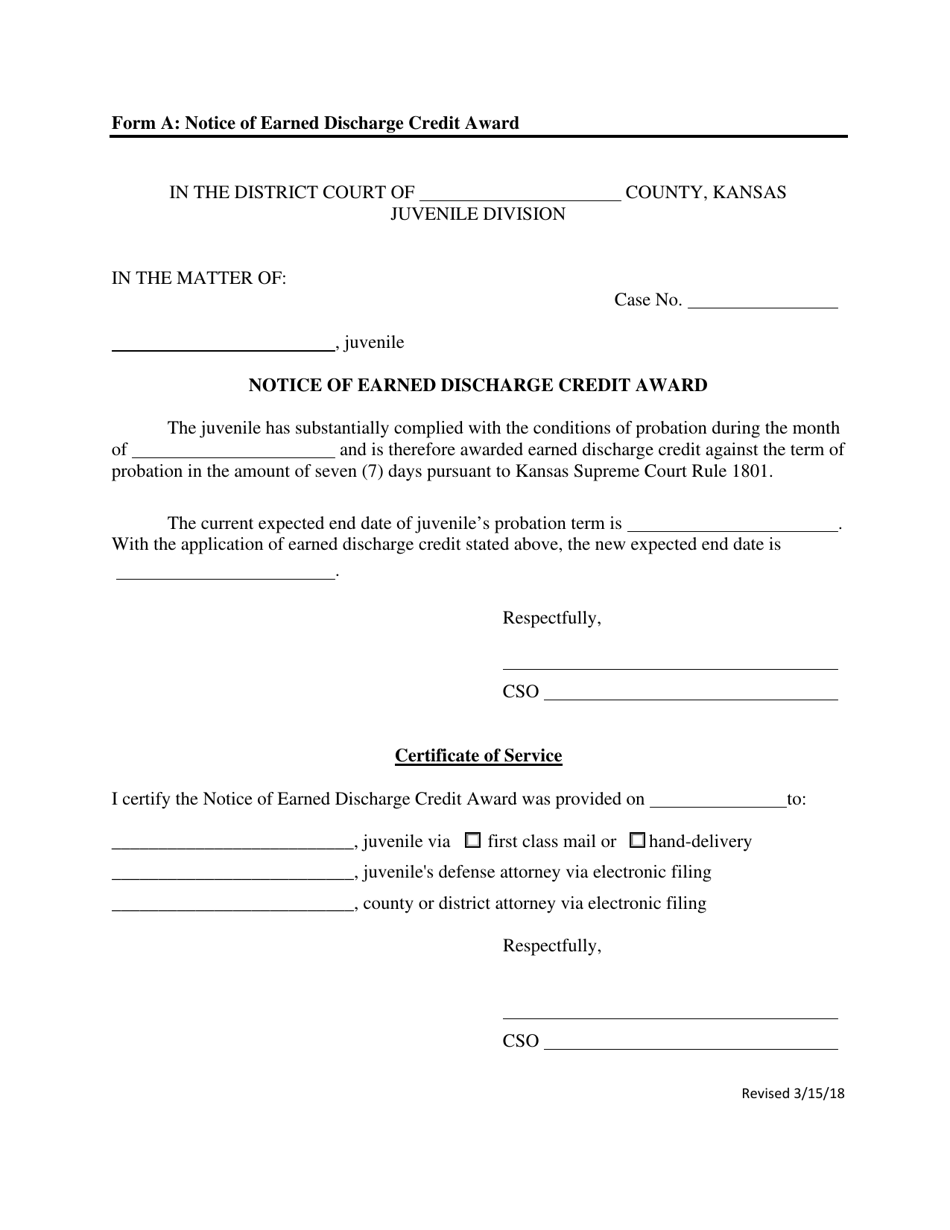 Form A Notice of Earned Discharge Credit Award - Kansas, Page 1