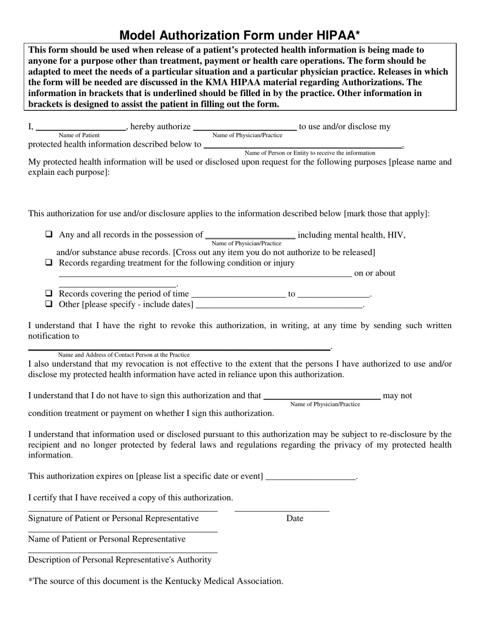 Model Authorization Form Under Hipaa - Kentucky, Page 1