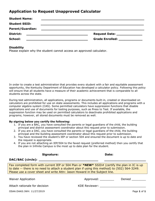 Application to Request Unapproved Calculator - Kentucky
