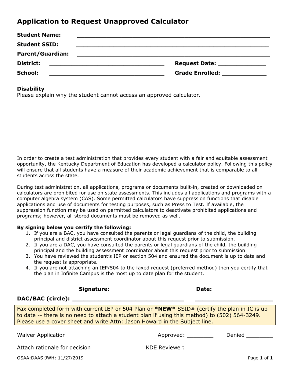 Kentucky Application to Request Unapproved Calculator Fill Out, Sign
