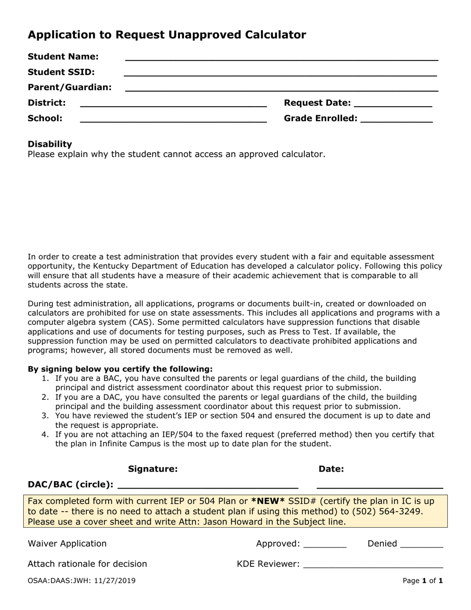 Application to Request Unapproved Calculator - Kentucky, Page 1