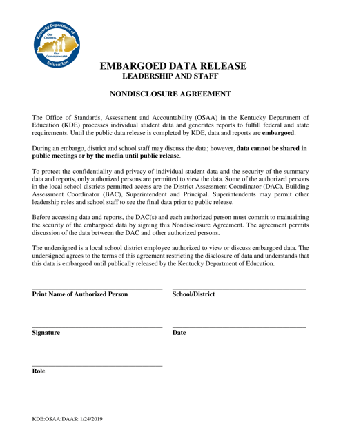 Nondisclosure Form for Embargoed Data - Kentucky Download Pdf
