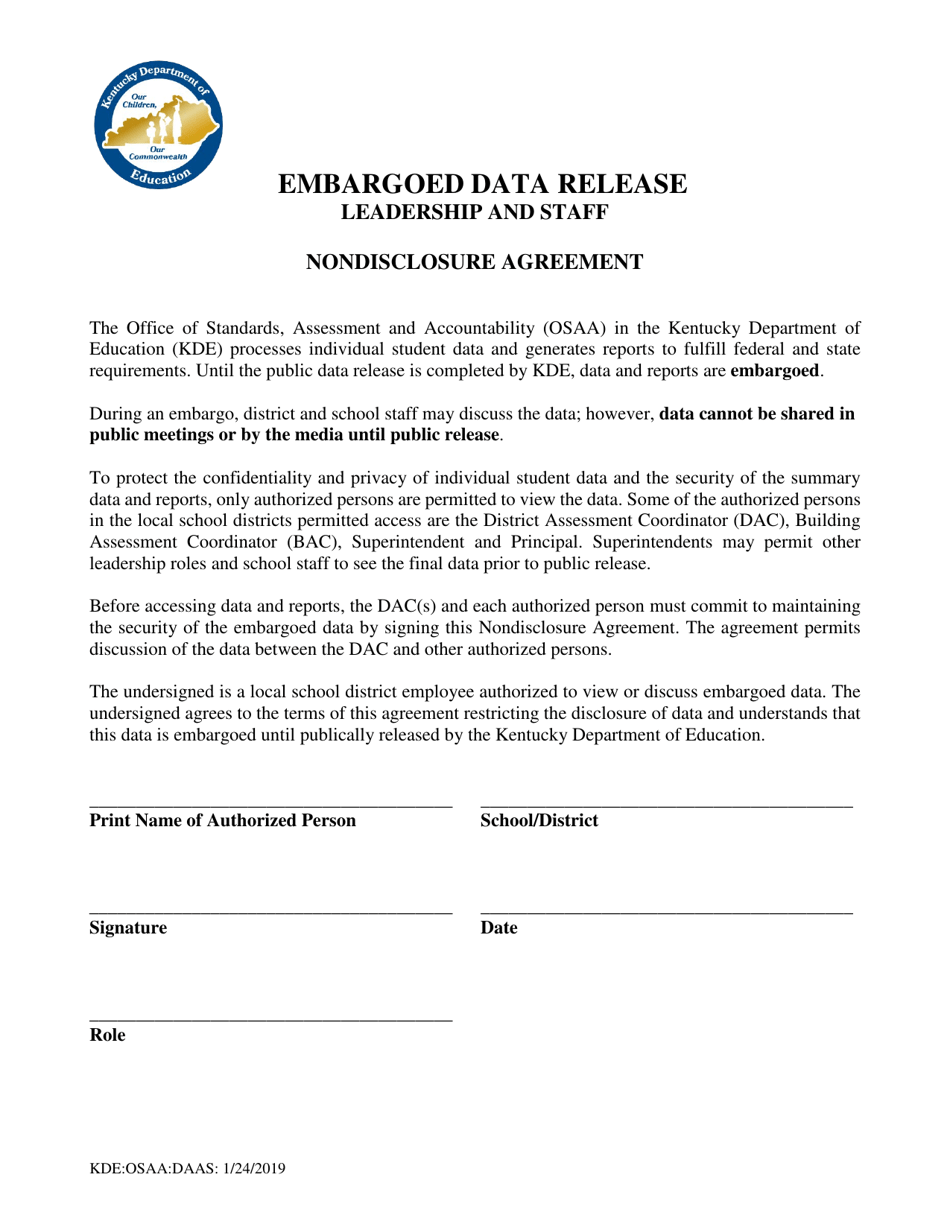 Nondisclosure Form for Embargoed Data - Kentucky, Page 1