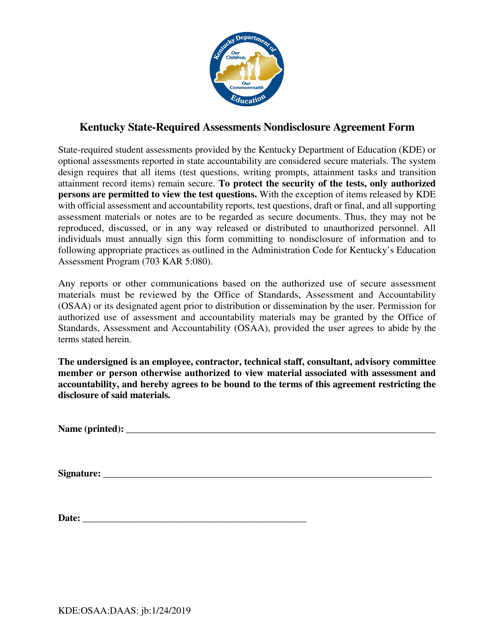 Kentucky State-Required Assessments Nondisclosure Agreement Form - Kentucky Download Pdf