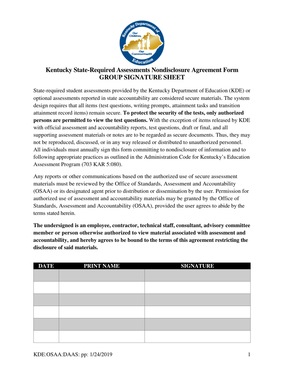 Kentucky State-Required Assessments Nondisclosure Agreement Form Group Signature Sheet - Kentucky, Page 1