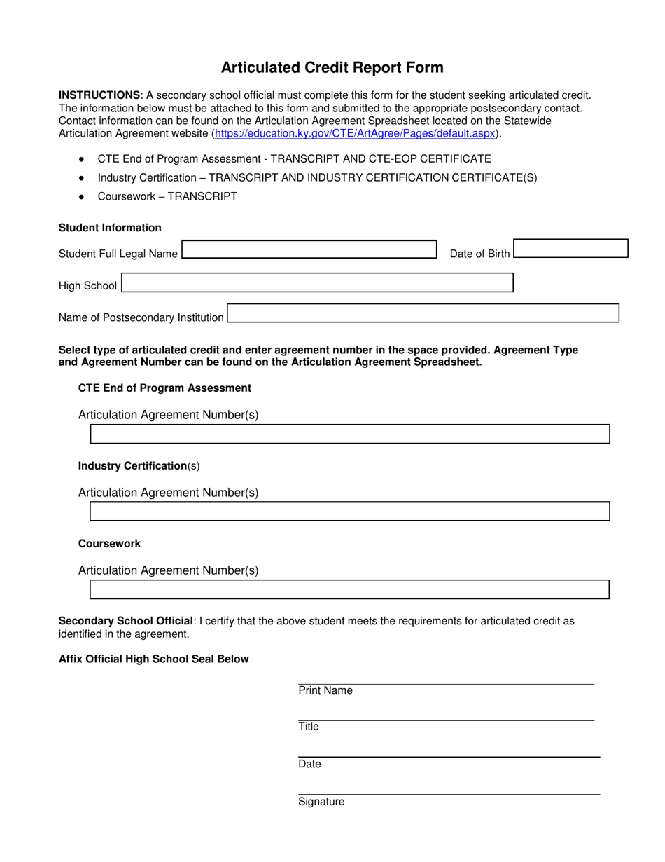 Articulated Credit Report Form - Kentucky, Page 1