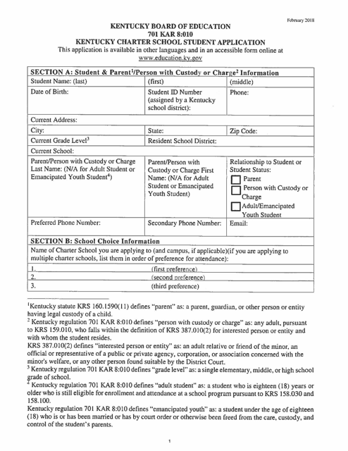 Kentucky Charter School Student Application - Kentucky Download Pdf