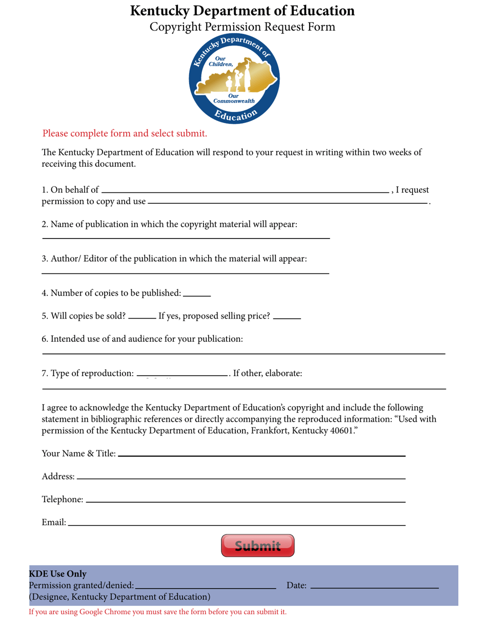 Copyright Permission Request Form - Kentucky, Page 1
