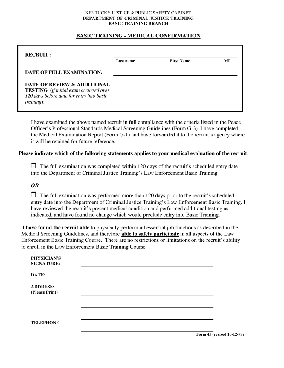 Form 45 Basic Training - Medical Confirmation - Kentucky, Page 1