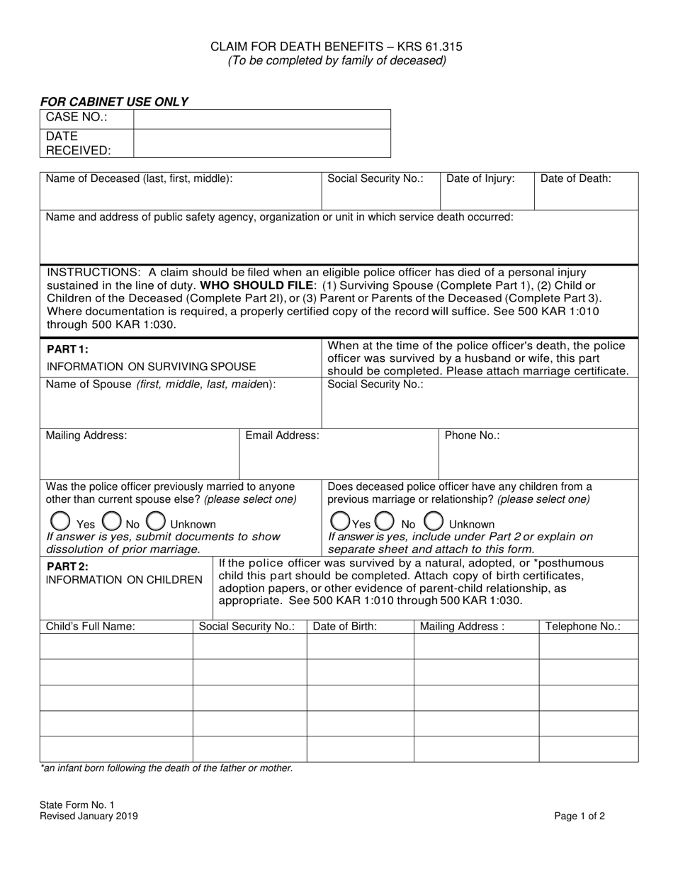 State Form 1 Claim for Death Benefits - Krs 61.315 - Kentucky, Page 1