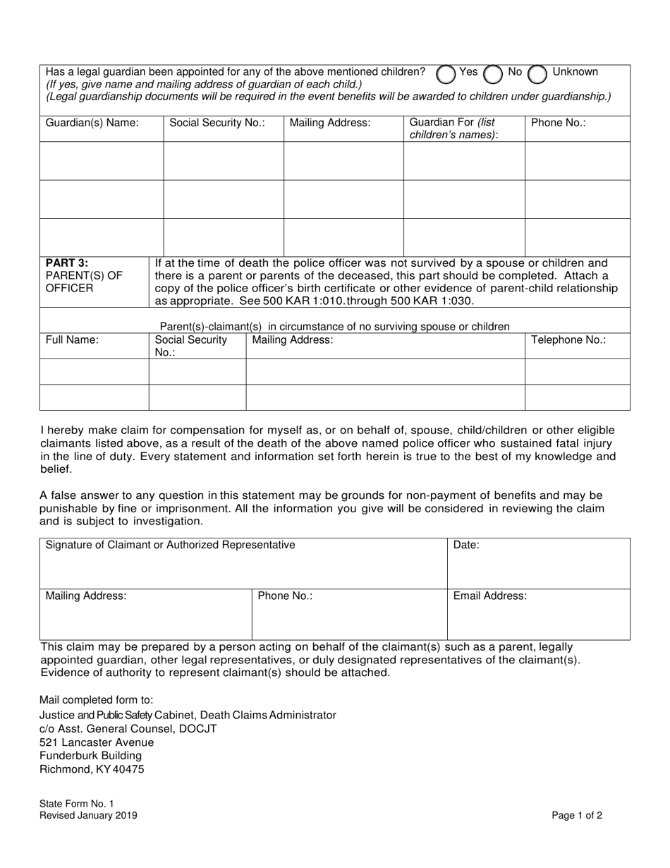 State Form 1 Claim for Death Benefits - Krs 61.315 - Kentucky, Page 2