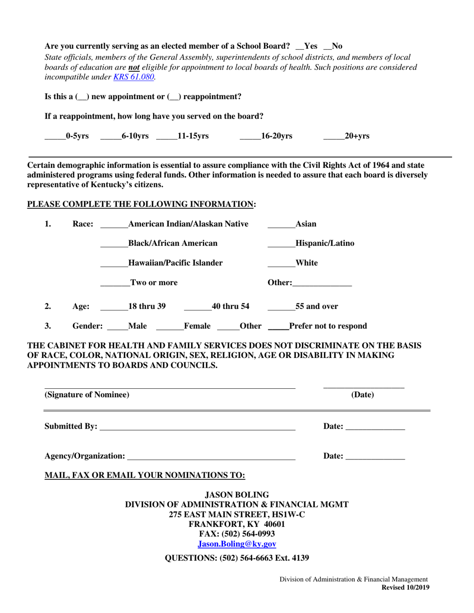 County Board of Health Nominee Biographical Sheet - Kentucky, Page 2